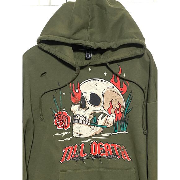 Forever 21 Till Death Skull Hoodie Sweatshirt Mens S Embroidered Grunge Ripped - Picture 3 of 9